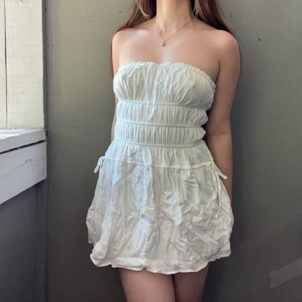 White Ruched Tiered Linen Strapless Mini Dress